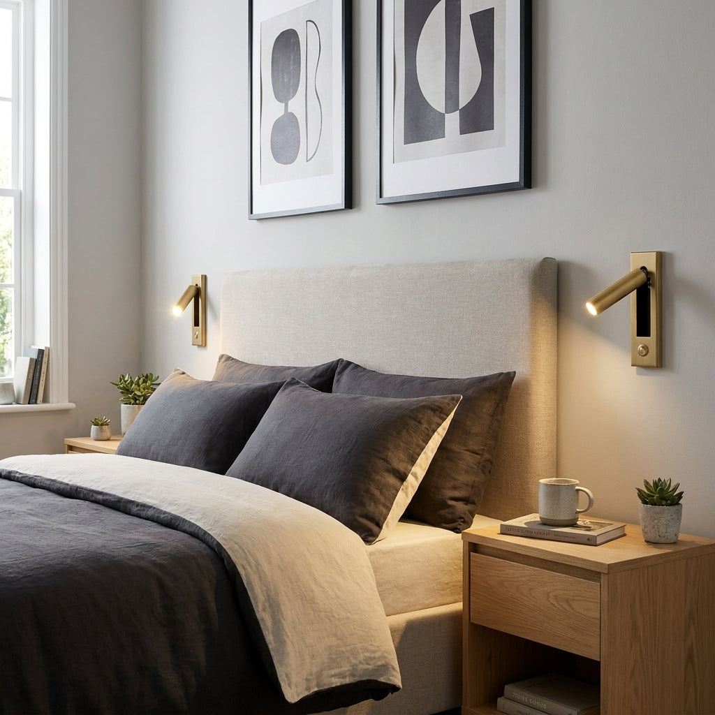 Zexto wall sconce mounted beside a bed with framed artwork on the wall