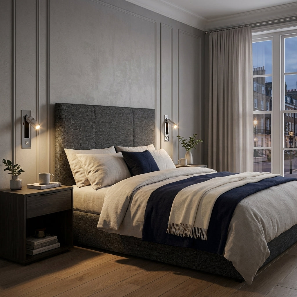 Zexto wall sconce mounted above a bedside table in a bedroom with a grey headboard and curtains