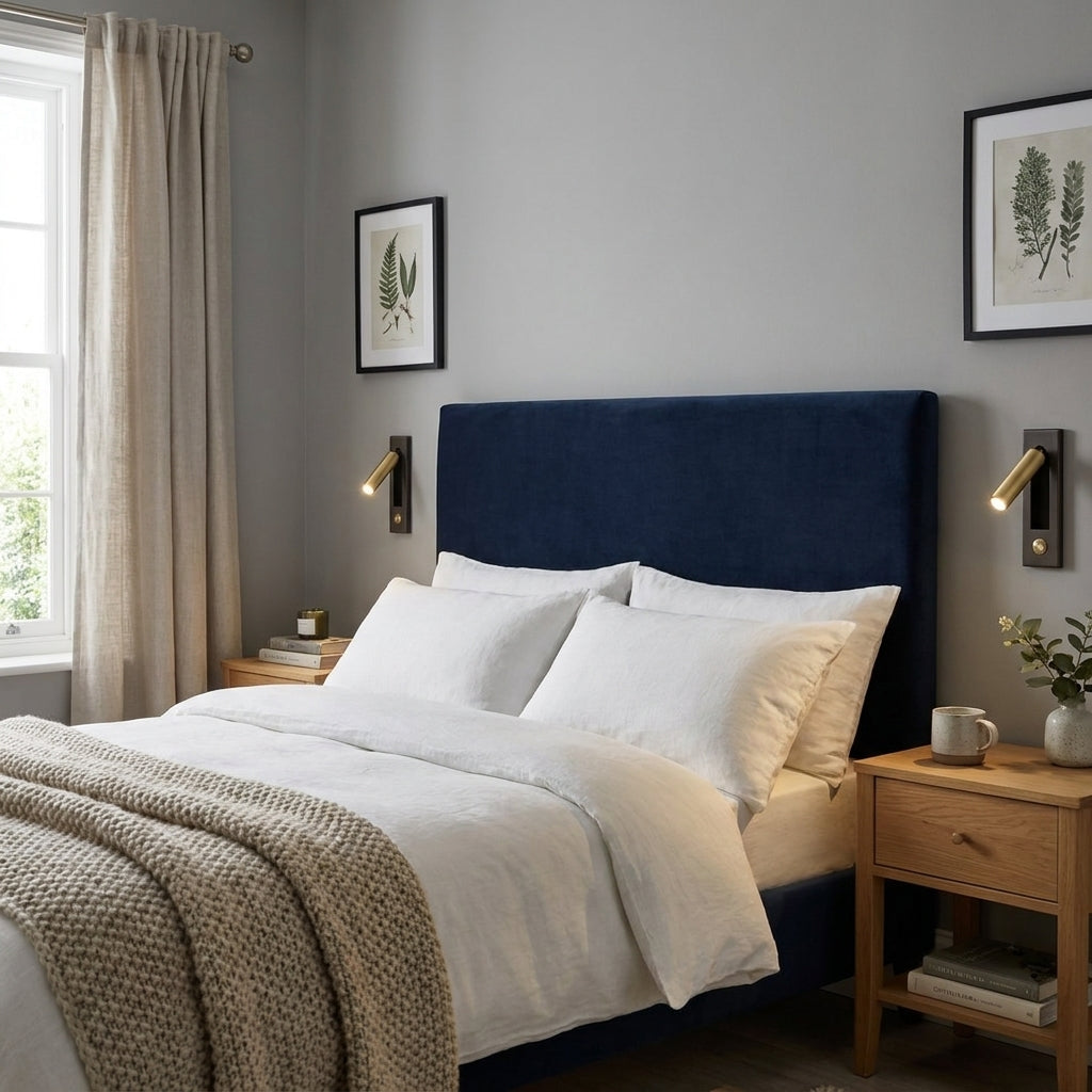 Zexto wall sconce mounted above a bedside table in a bedroom with a navy upholstered headboard