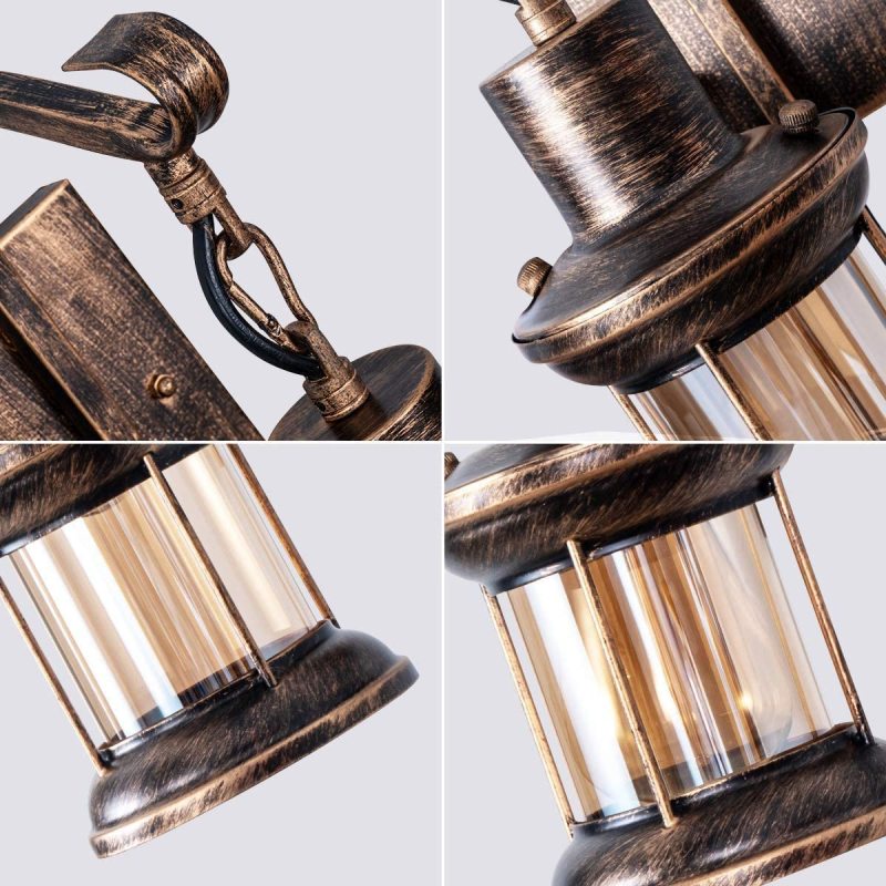 Detailed close-ups of the zupce bronze lantern sconce showing the heavy-duty metal hook, suspension chain, and clear glass shade