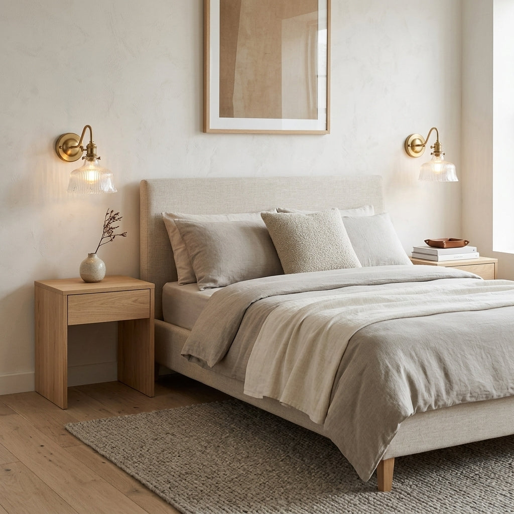 Zuvqa wall sconce with clear glass shade mounted above a bedside table in a bedroom