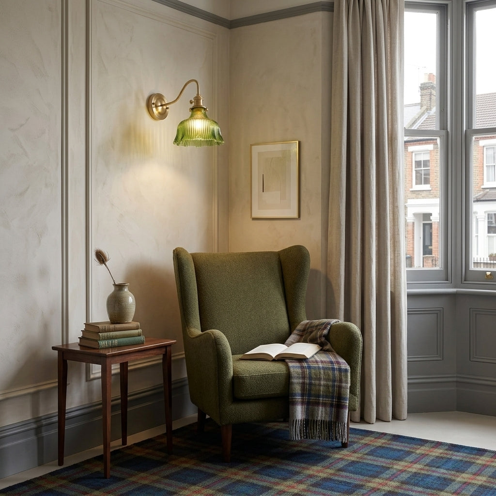 Zuvqa wall sconce mounted in a living room beside a green armchair and window