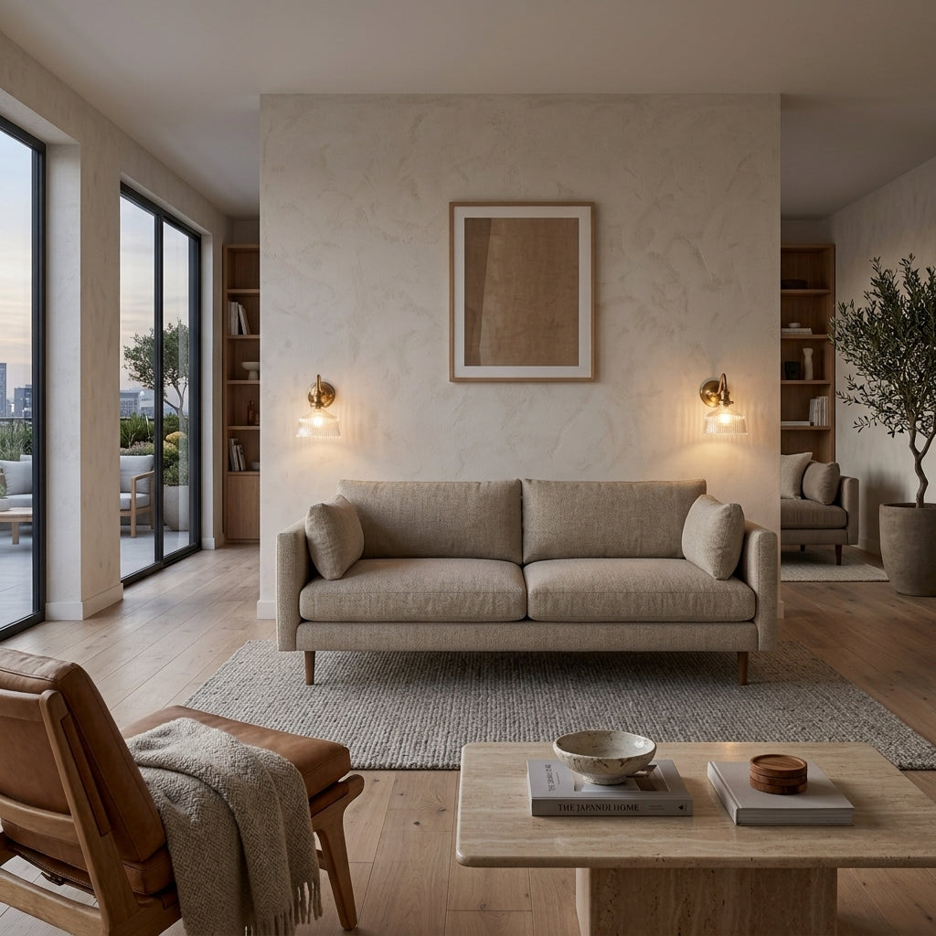 Zuvqa wall sconce mounted in a bright living room with a sofa and seating area