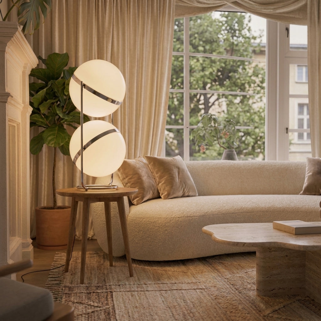 Zylpa Duo stacked chrome sphere floor lamp beside a beige curved sofa near a window