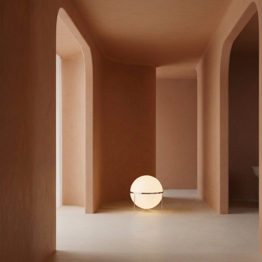 Zylpa Solo chrome sphere floor lamp glowing in a terracotta arched hallway