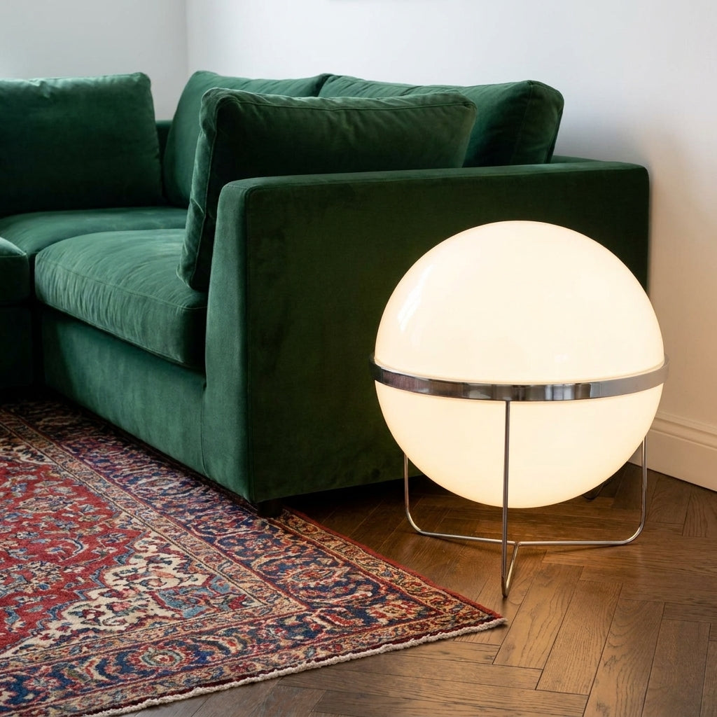 Zylpa Solo chrome sphere floor lamp beside a dark green sofa on a patterned rug